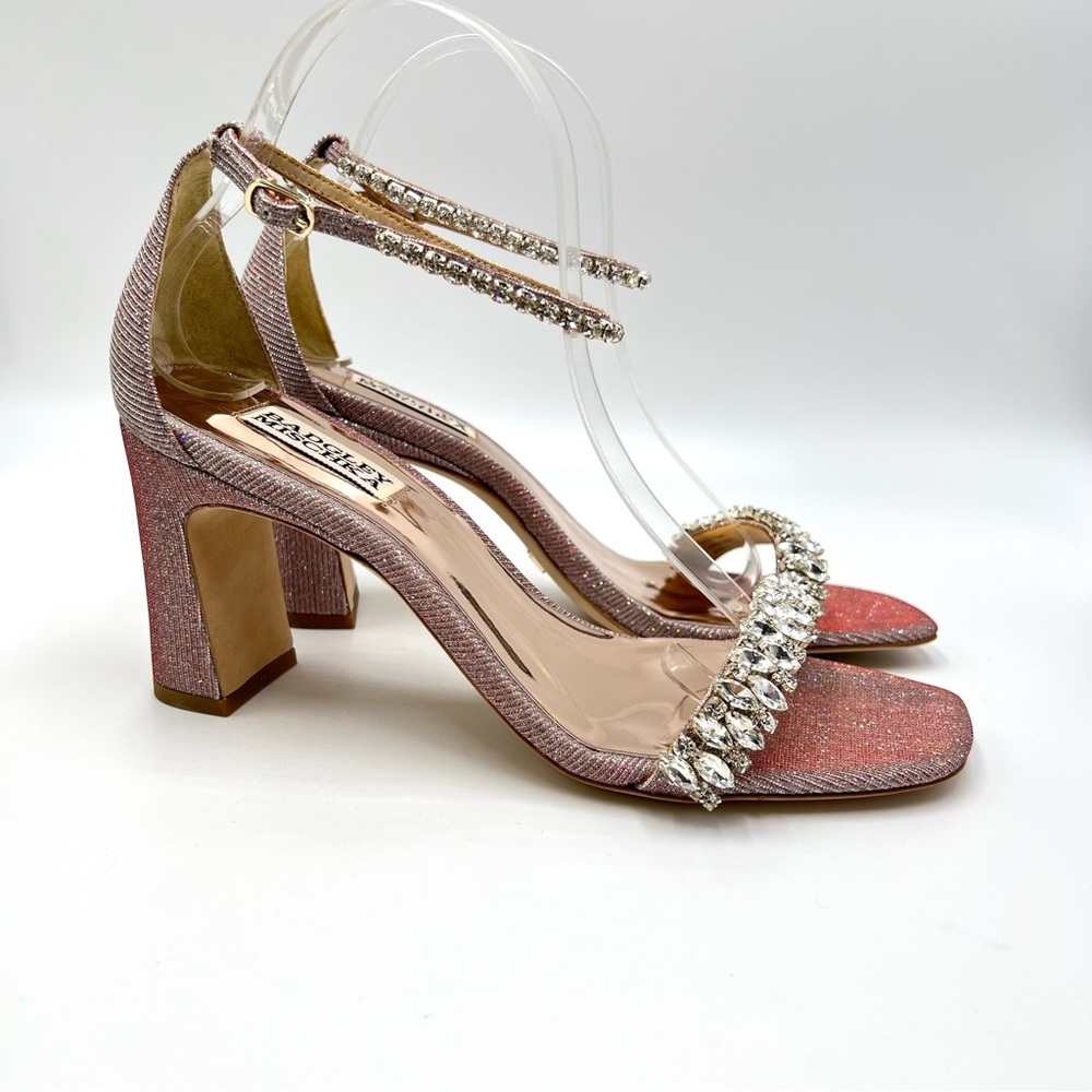 Badgley Mischka Size 8.5 Pink‎ Silver Jeweled Dress Sandals Block Heels Shoes